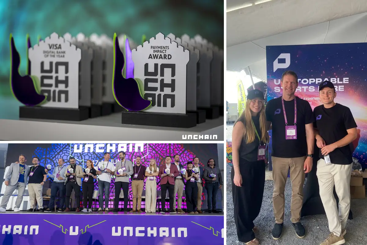 UNCHAIN Awards 2026 gala collage featuring Maris Cakste, Ninoslav Latas and Becky Sales from Paymentology who received Payments Impact Award