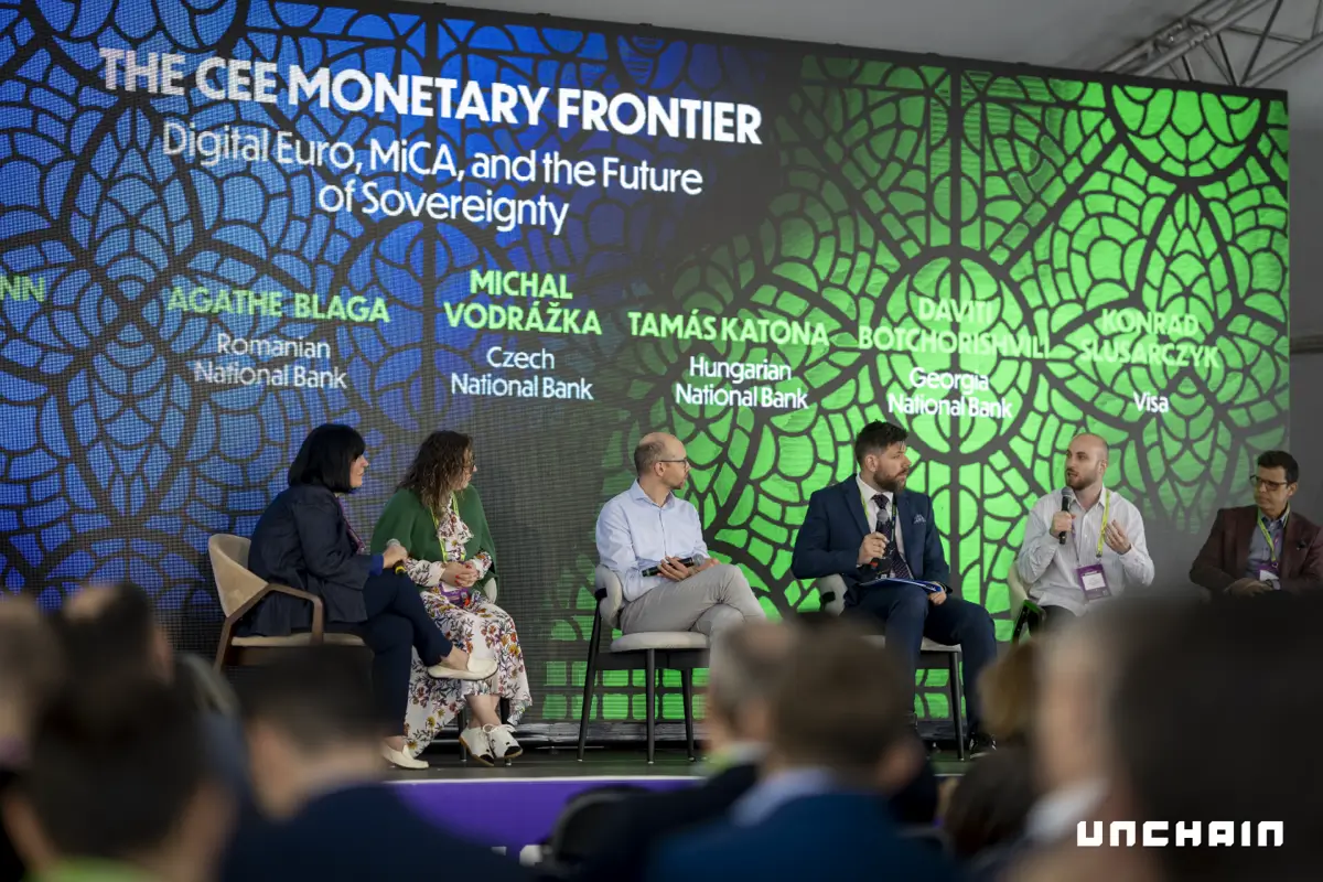 "The CEE Monetary Frontier: Digital Euro, MiCA, and the Future of Sovereignty" gathered a deliberately central-bank-heavy lineup on stage of UNCHAIN Festival