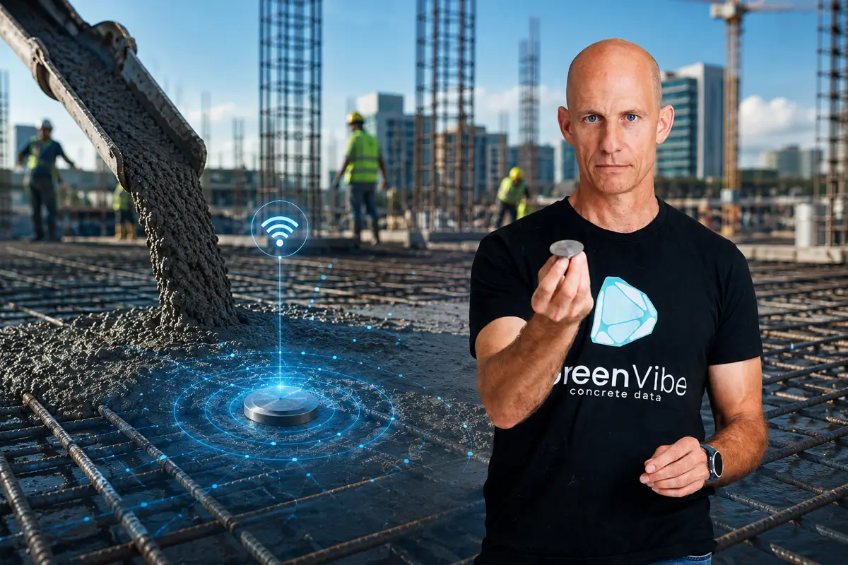 Roee Reshef, CEO and Co-Founder of GreenVibe, on the background of a construction site with embedded sensors